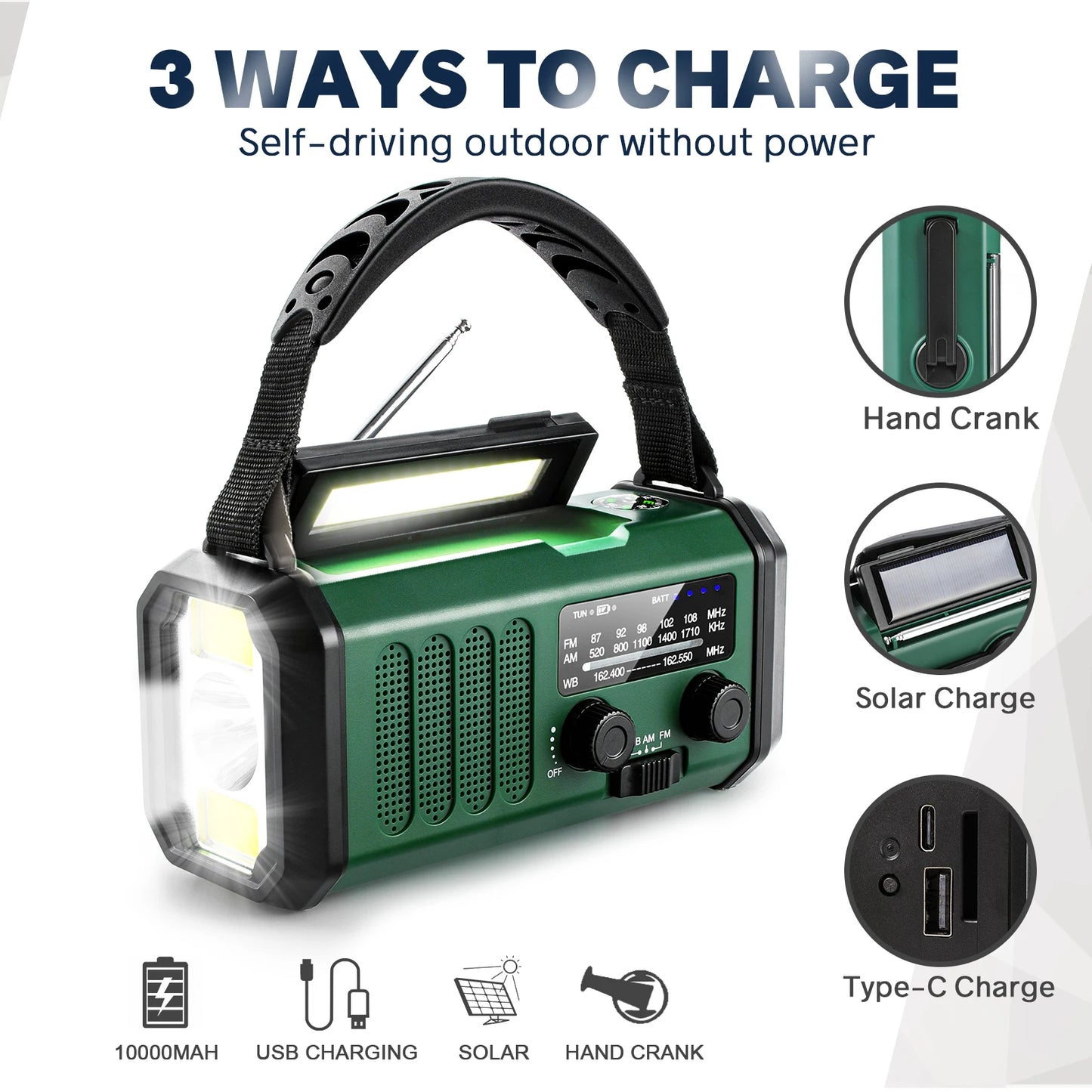 Draagbare Noodradio met Powerbank 10000mAh, Zonnepaneel & SOS Alarm