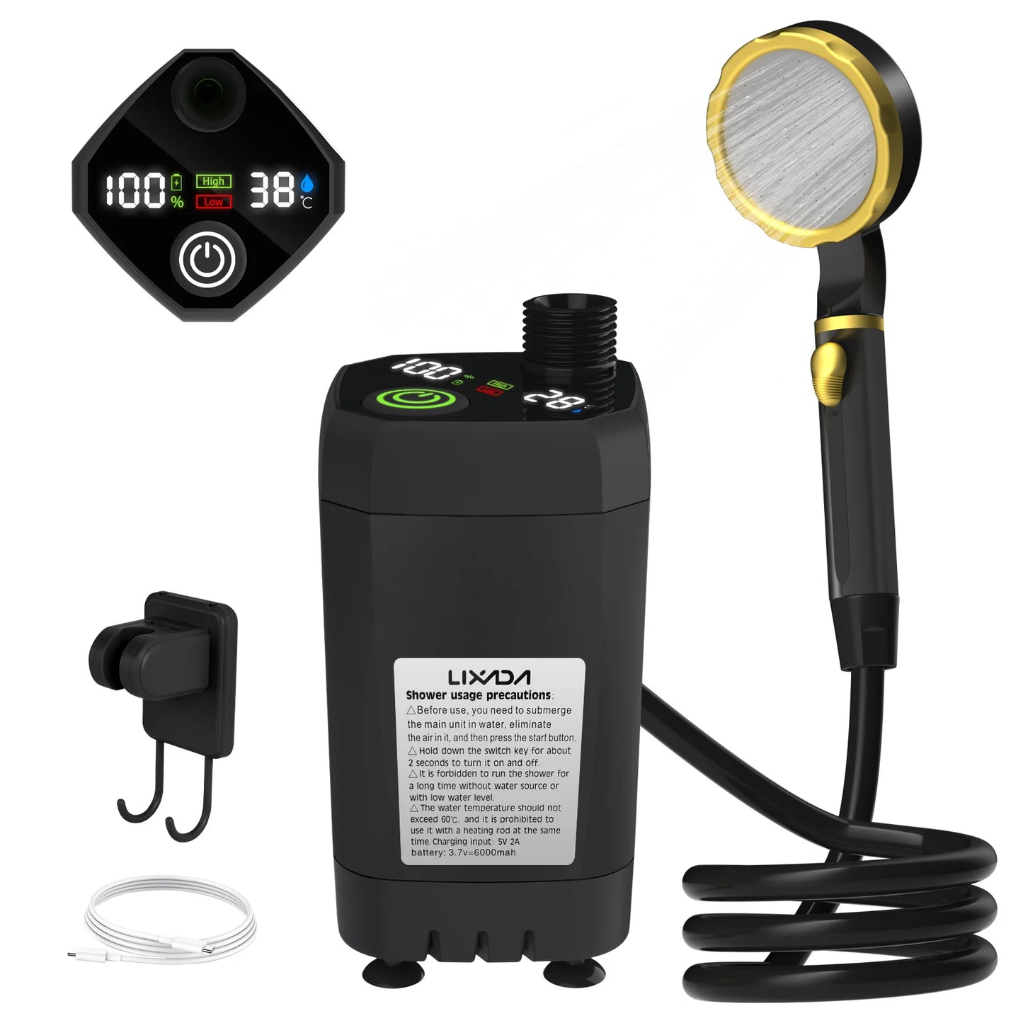 Draagbare Nood- en Survival Campingdouche met Slim Display – 6000mAh Outdoor Douchekit