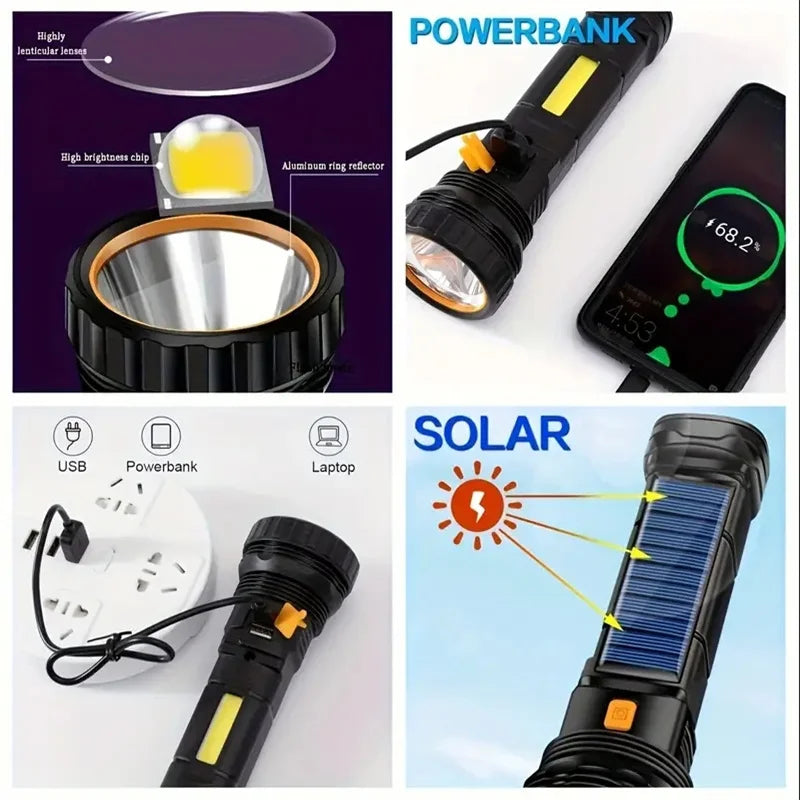 Nood LED Zaklamp, Oplaadbare USB en Zonne-energie Tactical Lamp voor Survival en Nood