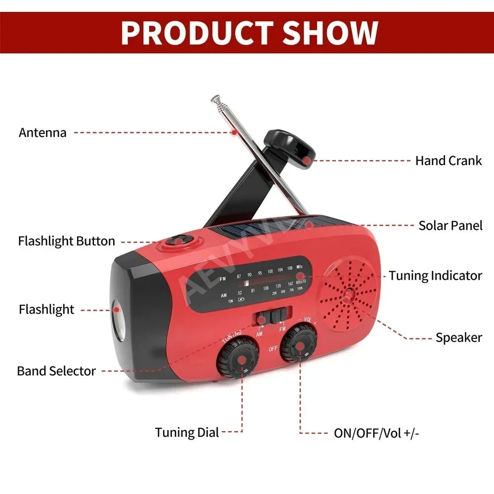 Noodradio met Solar en Handcrank, Weerberichten, Oplader en LED Zaklamp