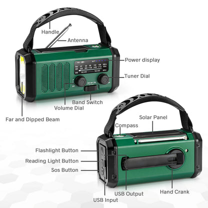 Draagbare Noodradio met Powerbank 10000mAh, Zonnepaneel & SOS Alarm