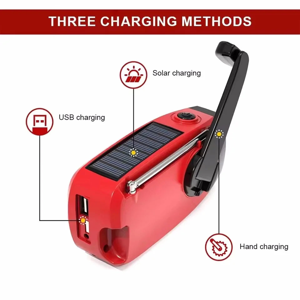 Noodradio met Solar en Handcrank, Weerberichten, Oplader en LED Zaklamp