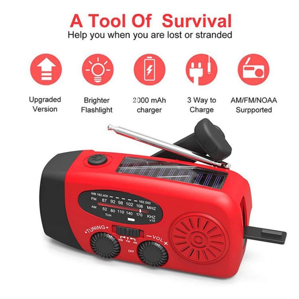 Noodradio met Solar en Handcrank, Weerberichten, Oplader en LED Zaklamp