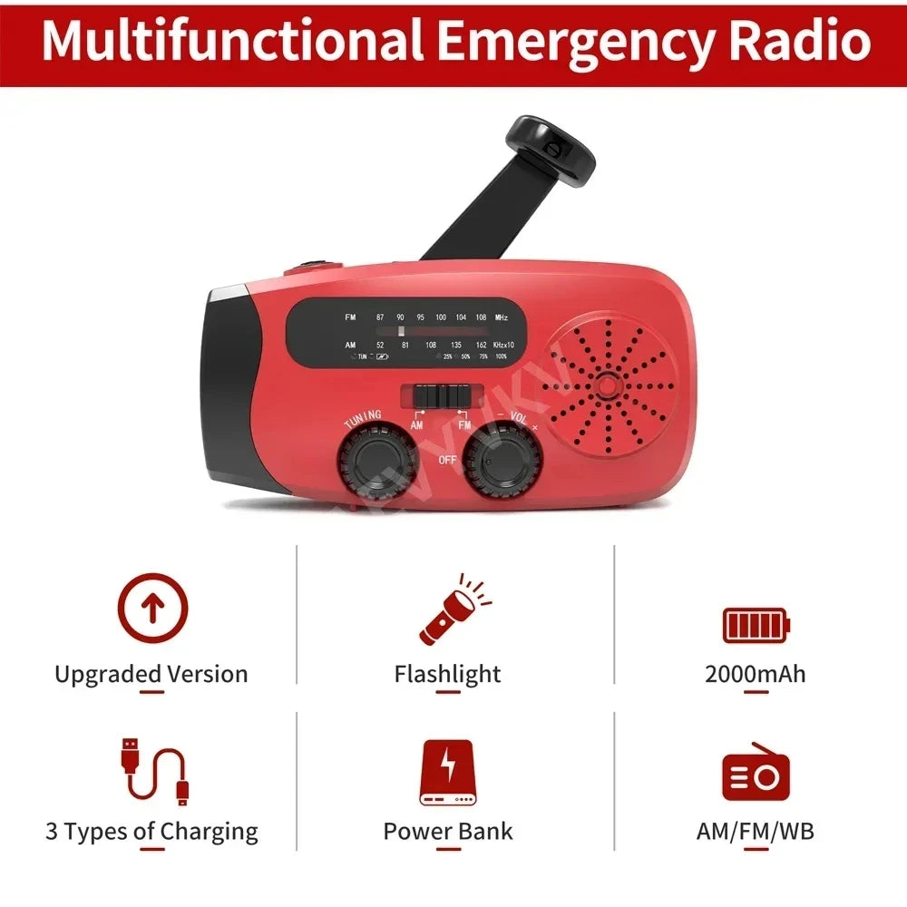 Noodradio met Solar en Handcrank, Weerberichten, Oplader en LED Zaklamp